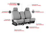 Infographic showing Pro-Tect Vinyl Seat Covers features: console access, side airbag ready, pockets, and custom fit.