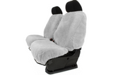 Semi-Custom Sheepskin Seat Covers side view on bench-style front seats in gray, plush sheepskin coverage with console access.