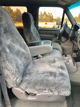 Semi-Custom Sheepskin Seat Covers installed on front seats in a truck, plush gray sheepskin for everyday comfort.