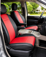 Imitation Leather seat covers on front buckets, red centers with black bolsters, headrests, and integrated armrest covers.