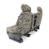 Mossy Oak Waterproof Camo Seat Covers rear/angled view showing console/cupholder opening and rear storage pockets.