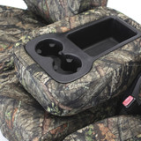 Mossy Oak Waterproof Camo Seat Covers console cover close-up showing cupholders and storage bin opening with camo trim.