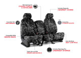 Infographic showing Moon Shine Waterproof Camo Seat Covers features: console access, side airbag ready, and custom fit.