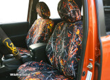 Moon Shine Waterproof Camo Seat Covers (Wildfire Solid) installed on front seats, vibrant orange camo custom-fit look.