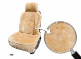 Tan Sheepskin Universal Seat Cover on front bucket seat with a close-up zoom showing plush natural wool texture.