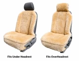 Sheepskin Universal Seat Covers shown in two fitting styles: "Fits Under Headrest" and "Fits Over Headrest" for versatility.