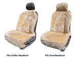 Sheepskin Universal Seat Covers shown in two fitting styles: "Fits Under Headrest" and "Fits Over Headrest" for versatility.