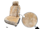 Tan Sheepskin Universal Seat Cover on front bucket seat with a close-up zoom showing plush natural wool texture.