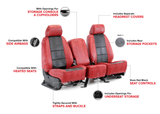 Infographic showing Exotic Seat Covers features: side airbag/heated seat compatible, headrest covers, pockets, and console access.