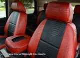 Exotic Seat Covers (Flame Croc w/ Midnight Croc Inserts) front bucket seats and center console cover with premium crocodile skin texture.