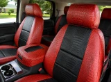 Exotic Seat Covers (Flame Croc w/ Midnight Croc Inserts) front bucket seats and center console cover with premium crocodile skin texture.
