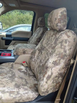 Luxury Line Kryptek camo seat covers on 40/20/40 front bench with console, Highlander tan honeycomb on seats and lid.