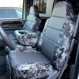 Luxury Line Kryptek camo seat covers on 40/20/40 with console, Typhon grey scales and ostrich-textured grey inserts.