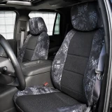 Luxury Line Kryptek Camo Seat Covers installed on a front seat, Black Ostrich insert  with Kryptek Typhon camo sides.