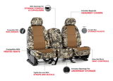 Infographic showing Luxury Line Realtree Camo Seat Covers features: console/cupholder access, side airbags, heated seats, pockets.