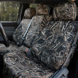 Luxury Line Realtree Camo Seat Covers on rear bench seat, full-coverage camo with seat belt access.