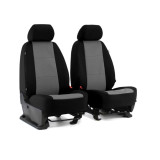 A pair of custom front bucket seat covers made of durable black and grey waterproof Cordura fabric.