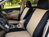 NeoSupreme seat covers tan and black on front buckets, tan stitched centers and solid black bolsters and headrests.