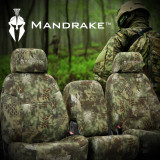 Kryptek Mandrake Camo Seat Covers on front seats, green woodland tactical pattern for outdoor and hunting use.
