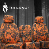 Kryptek Inferno Camo Seat Covers on front seats, bold orange tactical pattern for a custom-fit unique style.