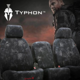 Kryptek Typhon Camo Seat Covers shown on front seats, featuring a dark tactical branch pattern and custom fit.