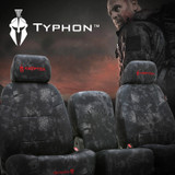 Kryptek Typhon Camo Seat Covers on front seats, dark tactical snake-scale pattern for a rugged custom-fit look.