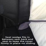 Detailed view of the seat wedge on the Universal Pet Seat Cover, showing how it fits between the seat back and bottom to prevent sliding.
