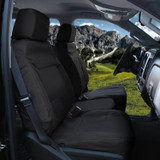 Close-up of gray Ballistic Seat Covers showing the durable heavy-duty fabric and precision fit around the seat base.