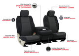Infographic showing NeoSupreme CK Seat Covers features: console access, side airbag ready, and storage pockets.