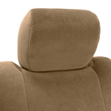 Close-up of Tan Velour CK Seat Covers headrest, showing the soft velvet-like texture and snug tailored fit.
