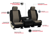 Infographic showing Super Mesh CK Seat Covers features: console access, side airbag ready, heated seats, pockets, and custom fit.