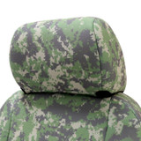 Detailed view of Military Camo CK Seat Covers headrest, featuring a high-definition green digital camo pattern.