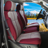 Saddle Blanket CK Seat Covers in maroon, featuring multi-colored woven inserts and a custom-fit look for truck bucket seats.