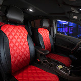 Luxury Line Carbon Fiber Seat Covers (Flame Red) with red diamond-stitched inserts and black carbon fiber bolsters.