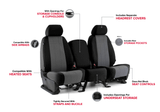 Infographic showing CORDURA 1000 Denier Xtra-Duty Seat Covers features: airbags/heated seats compatible, pockets, storage access.