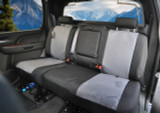 CORDURA 1000 Denier Xtra-Duty Seat Covers installed on rear bench seat, two-tone black and gray with seat belt access.