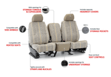 Infographic showing Luxury Line Saddle Blanket Seat Covers features: console access, side airbag ready, and pockets.