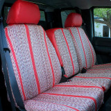 Luxury Line Saddle Blanket seat covers on truck 40/20/40 bench, woven pattern with red stripes and red leatherette bolsters.
