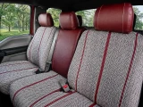 Luxury Line Saddle Blanket Seat Covers in a truck, featuring woven inserts and dark red leatherette accents.