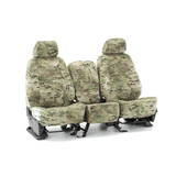 Front view of MultiCam Seat Covers on a 40/20/40 bench seat with matching headrests and center console cover.