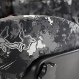 Close-up of Luxury Line Viper Camo Seat Covers showing the precision fit around seat base and manual adjustment knob.