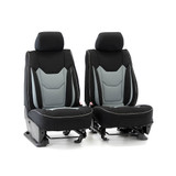 Front view of black and gray Semi-Custom Pro Mesh Seat Covers on bucket seats, featuring a clean two-tone design.