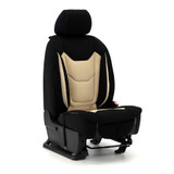 Front view of two-tone black and tan Universal Mesh Seat Cover on a bucket seat, breathable custom-fit style.