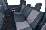 Neoprene Seat Covers installed on rear seats (wide view), two-tone neoprene panels with a tailored fit.
