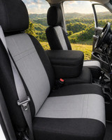 Ford Waterproof  CORDURA seat covers on 40/20/40 front bench, black bolsters with light gray grid-stitched center panels.