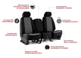 Infographic showing a pair of two-tone Dodge Waterproof Cordura seat covers with callouts for waterproof material, custom-fit design, and durable construction.