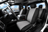 Dodge Waterproof CORDURA seat covers on truck front and rear, gray diamond-quilted inserts with black bolsters and headrest wraps.