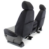 Rear view of front seats with black waterproof Toyota Waterproof Cordura covers featuring convenient storage map pockets.