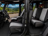 Chevy Waterproof  CORDURA seat covers on Jeep Wrangler front and rear, light gray centers with black bolsters and headrests.