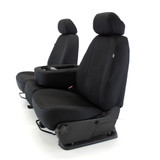 Front/angled view of black Cool-Max Seat Covers on bench seats, featuring breathable mesh inserts and a custom fit.